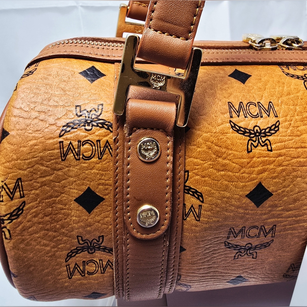 MCM Visetos Monogram Leather Barrel Shoulder Bag in Cognac Brown - Picture 4 of 14
